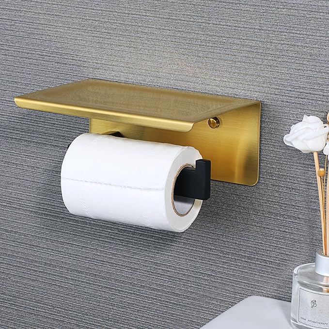 Alise Toilet Paper Holder with Shelf,SUS304 Stainless Steel Toilet Paper Roll Holder Bathroom Tissue Holder Storage Dispenser,Self Adhesive or Wall Mount Drilling,Gold and Black Finish