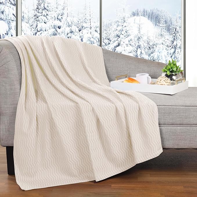Superior JENA Cotton Blanket, for Picnic, Beach, Traveling or Camping, Bedroom Decor, Essentials, Cover for Bed, Couch, Lounging, Textured Jacquard, Modern Chevron Woven Blanket, Twin, Ivory