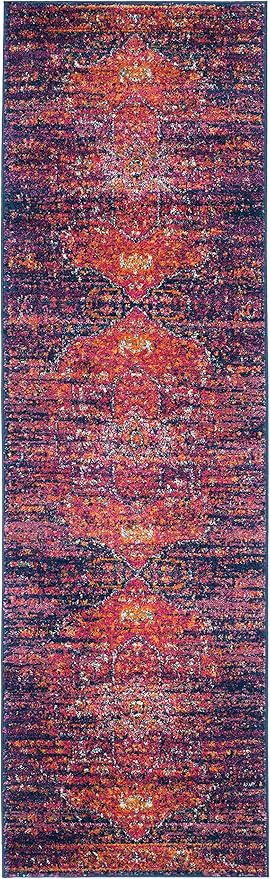 SAFAVIEH Evoke Collection 2'2" x 17' Blue / Fuchsia EVK275F Oriental Medallion Distressed Non-Shedding Living Room Bedroom Runner Rug