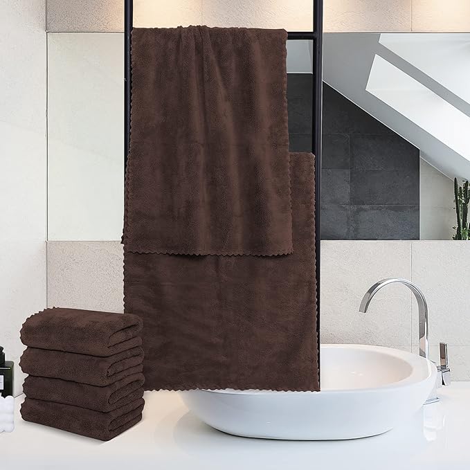 6 Pack Premium Hand Towels - Quick Drying - Microfiber Coral Velvet Highly Absorbent Towels - Multipurpose Use as Hotel, Bathroom, Shower, Spa, Hand Towel 16 x 28 inches (Wood Brown)