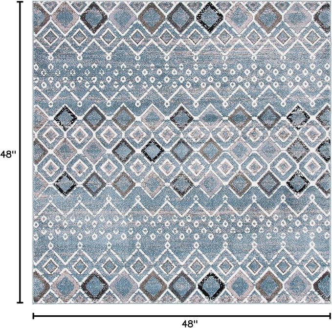 SAFAVIEH Amsterdam Collection Area Rug - 4' Square, Blue & Ivory, Moroccan Boho Design, Non-Shedding & Easy Cleaning, Ideal for Living Room, Bedroom, Dining Space (AMS108L)