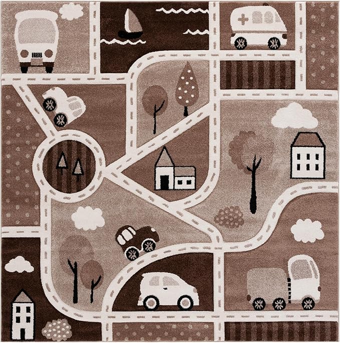 SAFAVIEH Carousel Kids Collection Area Rug - 6'7" Square, Brown/Beige, Geometric Design, Ideal for High Traffic Areas in Living Room, Bedroom, Dining (CRK193T)