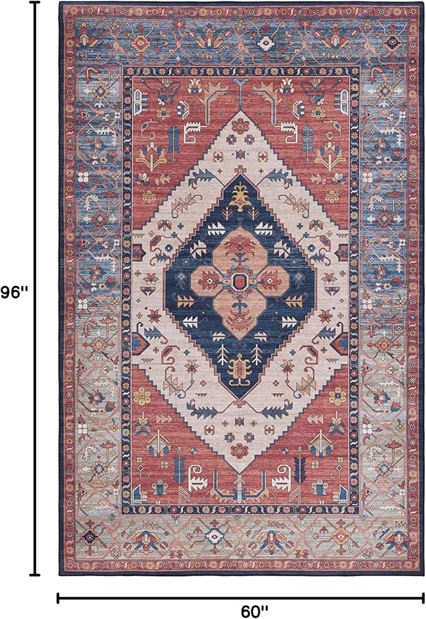 SAFAVIEH Washable Rug Tucson Collection - 5' x 8', Rust & Blue, Slip Resistant & Easy to Clean, Ideal for Living Room, Bedroom, Dining Space (TSN153P)