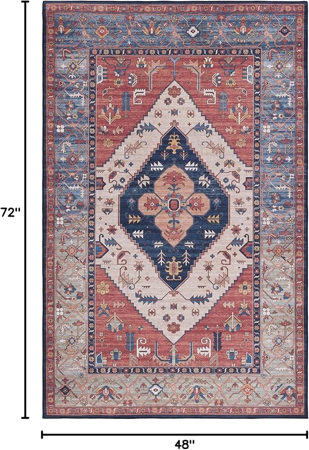 SAFAVIEH Washable Rug Tucson Collection - 4' x 6', Rust & Blue, Slip Resistant & Easy to Clean, Ideal for Foyer, Kitchen, Nursery, Office, Bedroom (TSN153P)