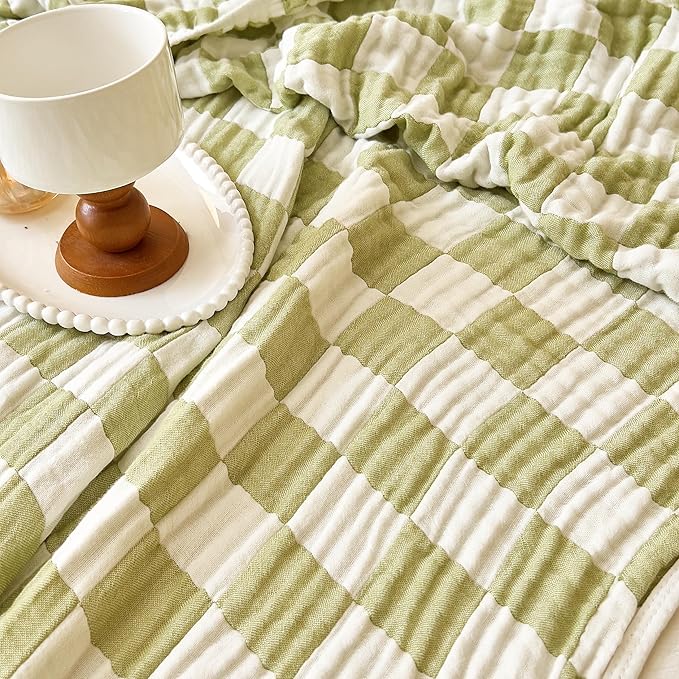 Ultra Soft Cozy 6-Layer Muslin 100% Cotton Checkered King Size 90"x104" Bed Blanket Breathable Lightweight Checkboard Bed Blankets Decorative for Sofa Bed All Seasons Both Sides Green