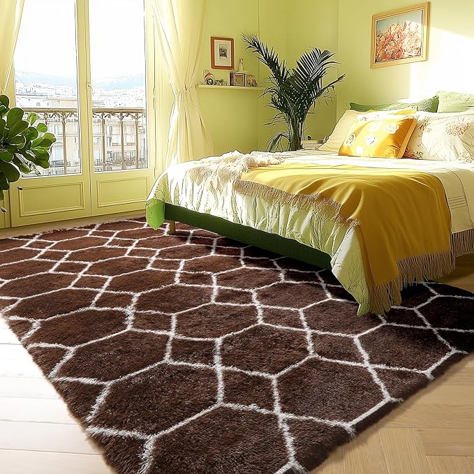 ONASAR 5x7 Area Rugs for Living Room Bedroom, Fluffy Brown and White Throw Rug, Geometric Boho Soft Plush Shaggy Floor Bedside Carpet Mat for Nursery Kids Girls Boys Teen Dorm Home Decor