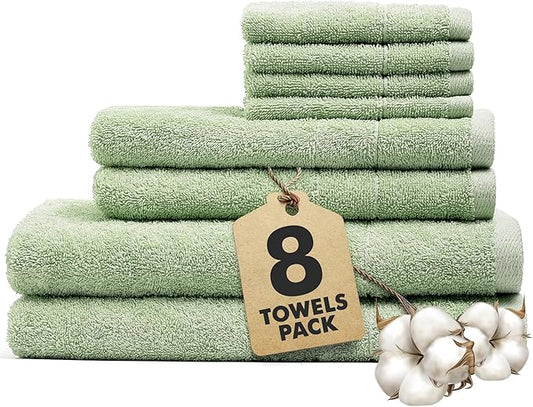 Bath Towels Set of 8 – 100% Cotton (Light Green) Bathroom Towel Set Bale Includes 2 Bath, 2 Hand, 4 Face Towels – Soft, Absorbent & Quick Dry Towel for Bathroom, Spa, Kitchen, Hotel Use