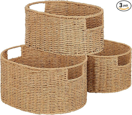 Vagusicc Wicker Storage Basket, Set of 3 Hand-woven Storage Baskets for Organizing, Round Large Wicker Baskets for Storage Decor, Pantry Storage Cubes Organization Baskets for Shelves, Natural