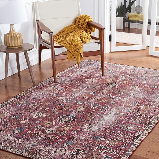 SAFAVIEH Washable Rug Tucson Collection - 4' Square, Red & Beige, Slip Resistant & Easy to Clean, Ideal for Foyer, Kitchen, Nursery, Office, Bedroom (TSN174Q)