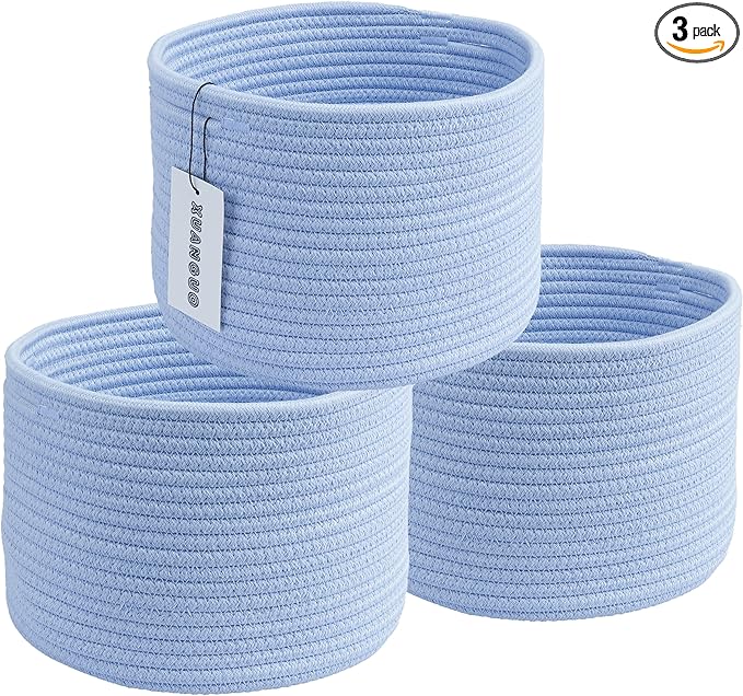 Woven Cotton Storage Baskets - 3-Pack Round Bins (10x10x7'') for Shelves, Closets & Bookcases | Durable Rope Organizers for Nursery, Baby, Toys, Easter & More (blue)