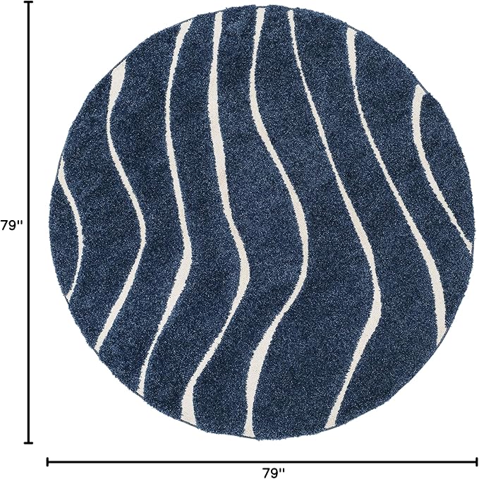 SAFAVIEH Florida Shag Collection Area Rug - 6'7" Round, Dark Blue & Cream, Non-Shedding & Easy Care, 1.2-inch Thick Ideal for High Traffic Areas in Living Room, Bedroom (SG472-6511)