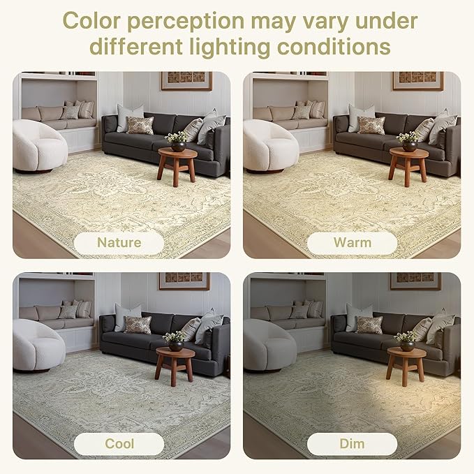 GENIMO 8X10 Washable Vintage Area Rugs for Living Room, Non-Slip Low Pile Chenille Print Rug, Soft Rugs for Bedroom Dining Room Home Office, Linen & Taupe