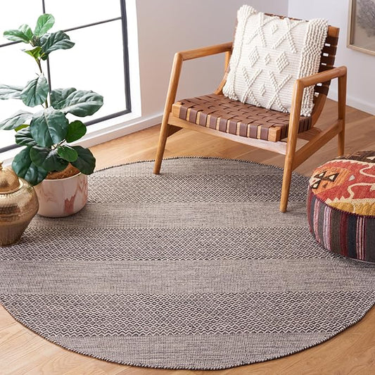 SAFAVIEH Montauk Collection Area Rug - 6' Round, Ivory & Anthracite, Handmade Flat Weave Boho Farmhouse Cotton Tassel Fringe, Ideal for High Traffic Areas in Living Room, Bedroom (MTK330N)