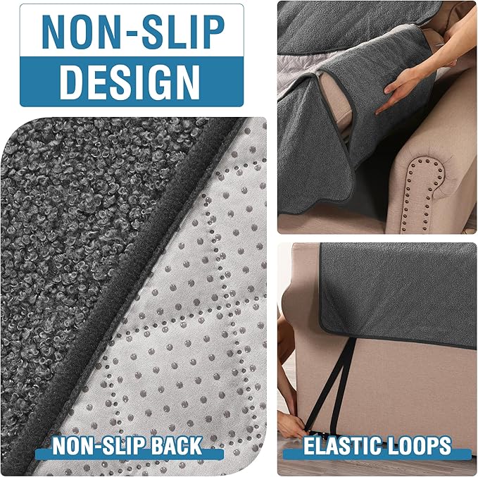 H.VERSAILTEX Waterproof Quilted Couch Covers Non Slip Sofa Covers Protector Slipcovers for Dogs, Covers for 3 Cushion Couch Sofa Pet Furniture Protector Modern Fleece Fabric (Sofa,Charcoal)