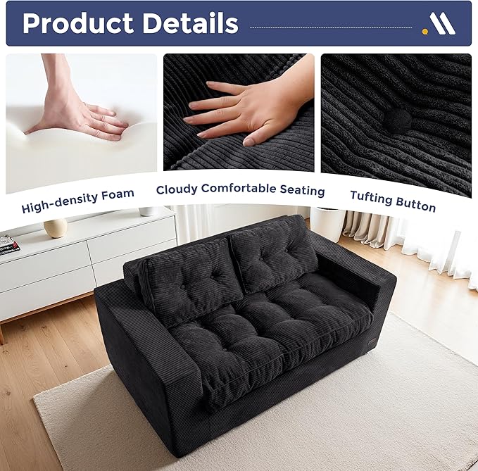 MAXYOYO Loveseat Sofa Couch, Upholstered Bean Bag Chair Cloud 2-Seat for Adults, Boneless Couch with Tufted Cushion & Pillows, Sofa in A Box, No Assembly Required, Black