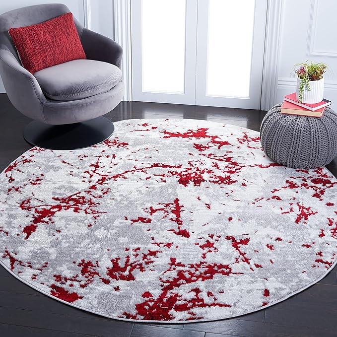 SAFAVIEH Skyler Collection 6'7" Round Grey/Red SKY186Q Modern Abstract Non-Shedding Entryway Foyer Living Room Bedroom Kitchen Area Rug