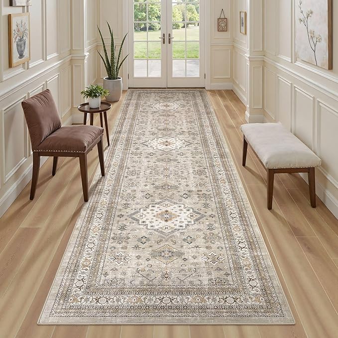 Vintage Hallway Runner Rug 3x12: Large Soft Washable Entryway for Kitchen Laundry Room Non-Slip Backing Runner for Entrance Living Room Bedroom Bathroom - Beige
