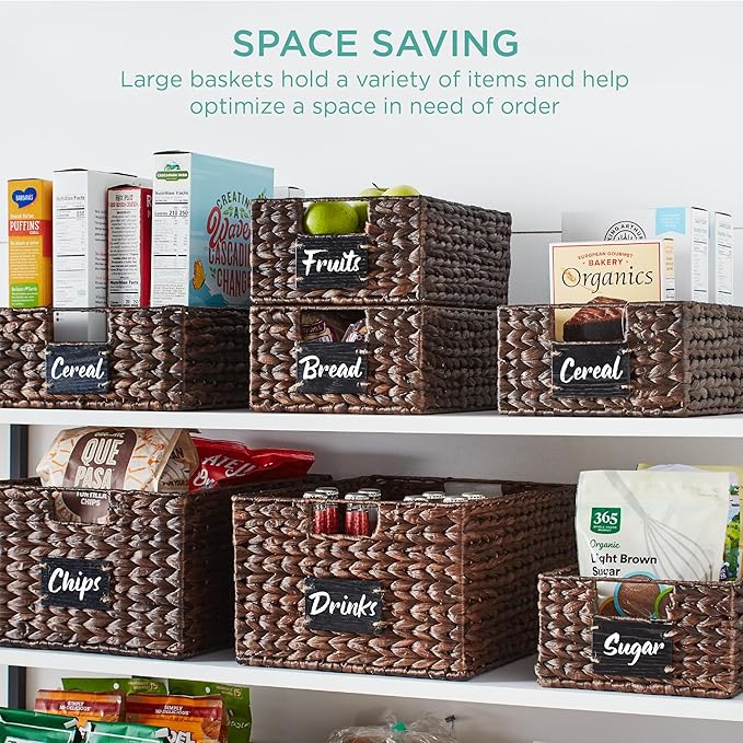 Best Choice Products Set of 4 13x12in Water Hyacinth Pantry Baskets, Woven Organizers w/Chalkboard Label, Chalk Marker - Brown