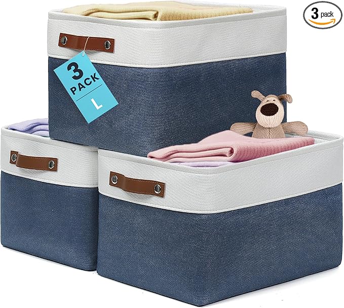 OrganiHaus Large Fabric Storage Baskets for Shelves 3 Pack, 15x11in Closet Storage Bins for Shelves, Canvas Baskets for Organizing, Linen Closet Organizers, Cloth Basket, Navy Blue/Off-White