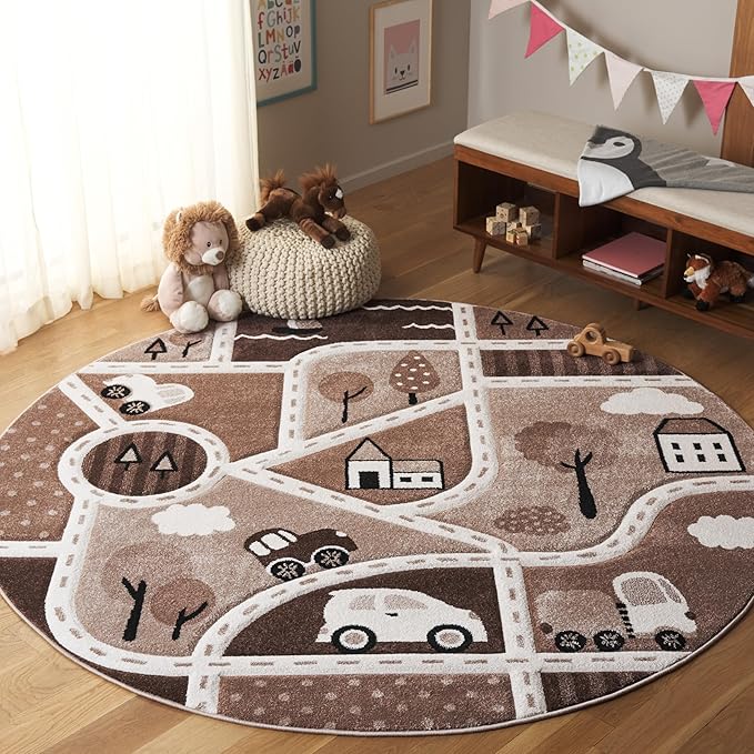 SAFAVIEH Carousel Kids Collection Area Rug - 6'7" Round, Brown & Beige, Non-Shedding & Easy Care, Ideal for High Traffic Areas for Boys & Girls in Playroom, Nursery, Bedroom (CRK193T)