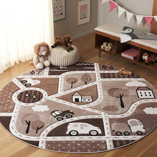 SAFAVIEH Carousel Kids Collection Area Rug - 6'7" Round, Brown & Beige, Non-Shedding & Easy Care, Ideal for High Traffic Areas for Boys & Girls in Playroom, Nursery, Bedroom (CRK193T)