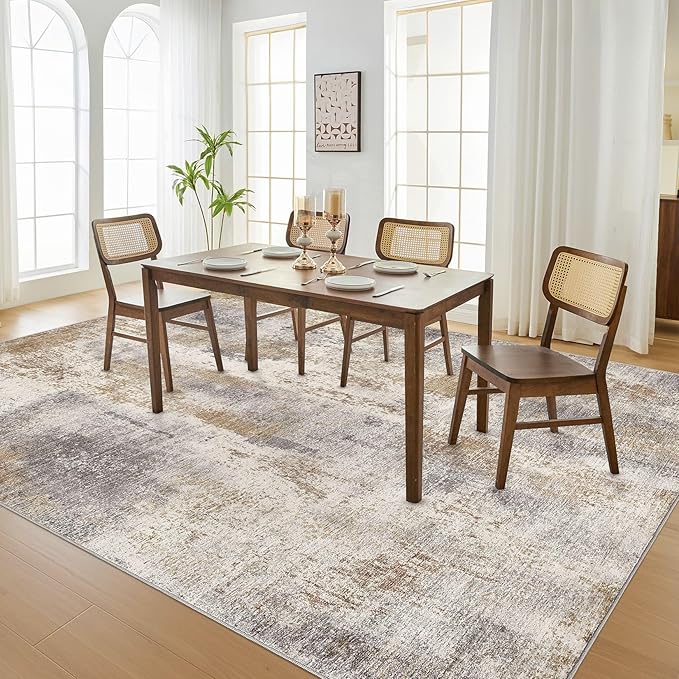 Area Rug Living Room Rugs - 10x14 Washable Large Soft Indoor Neutral Modern Abstract Low Pile Rug Carpet for Bedroom Dining Room Farmhouse Home Office - Brown Grey