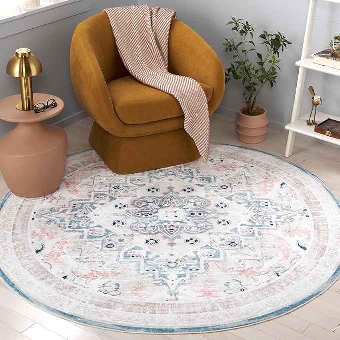 Safavieh Washable Rug Arizona Collection - 6' Round, Ivory & Aqua, Slip Resistant & Easy to Clean, Ideal for Living Room, Bedroom, Home Office, Dining Space (ARZ324A)