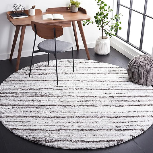 SAFAVIEH Berber Shag Collection Area Rug - 7' Round, Grey & Dark Grey, Stripe Design, Non-Shedding & Easy Care, 1.25-inch Thick Ideal for High Traffic Areas in Living Room, Bedroom (BER565F)