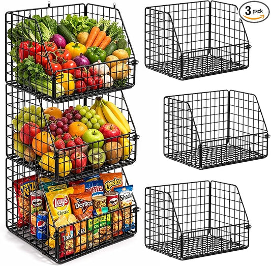 3-Tier Wall Hanging Fruit Baskets for Kitchen Organizing Fruits and Vegetables, Heavy-Duty Wall Basket for Storage, Wire Hanging Fruit Basket for Kitchen & Pantry