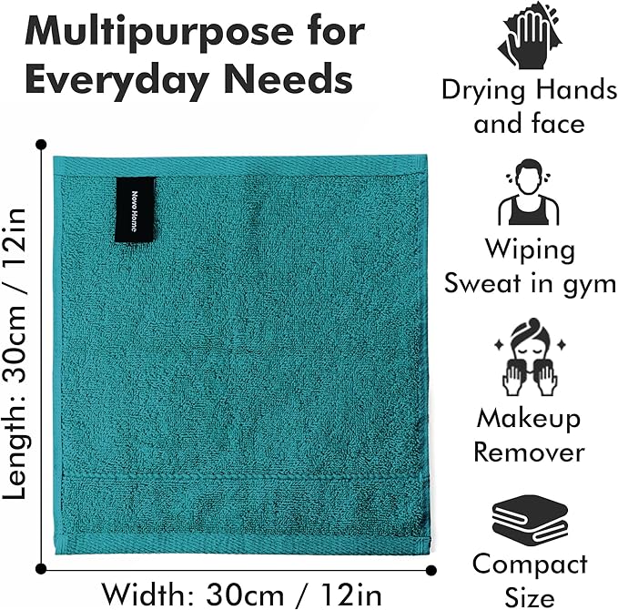 Face Towels Pack of 12 – 100% Cotton Wash Cloths (12x12 inch) – Soft, Quick Dry & Highly Absorbent Hand Towels for Bathroom, Spa, Gym, Kitchen and for Daily Use - (Teal)