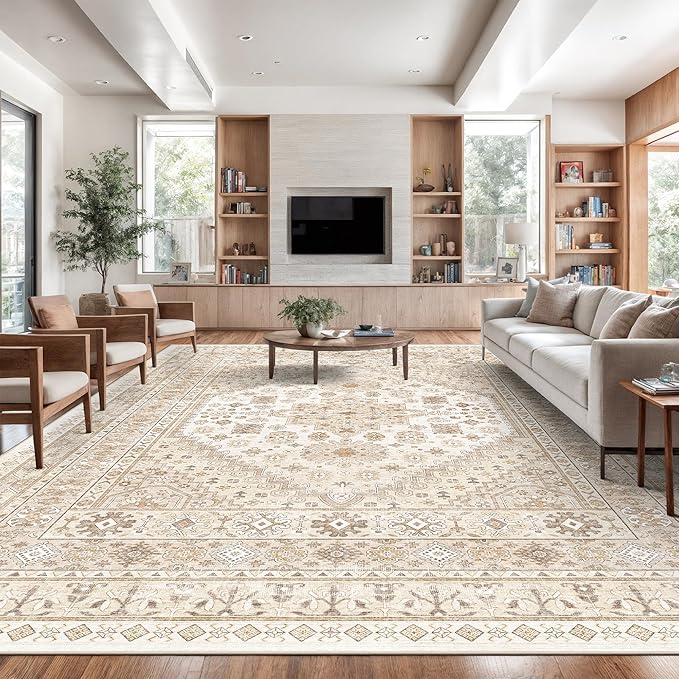 zesthome 12x15 Area Rugs, Large Washable Rug, Ultra-Thin Stain Resistant Rugs for Living Room, Bedroom, Non-Slip Backing Home Decor Area Rug (Cream/Beige,12'x15')