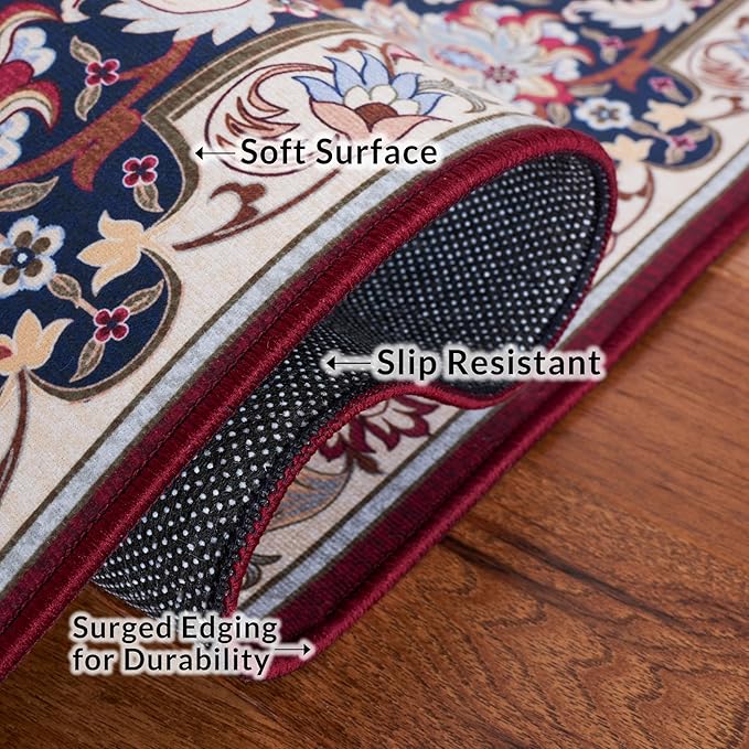 SAFAVIEH Washable Rug Tucson Collection - 2'6" x 6' Runner, Red & Navy, Slip Resistant & Easy to Clean, Ideal for Hallway, Foyer, Entryway, Bedroom (TSN135Q)