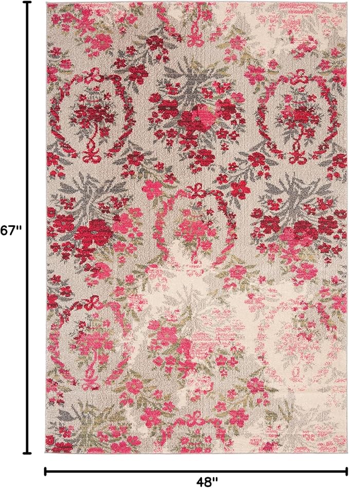 SAFAVIEH Monaco Collection Accent Rug - 4' x 5'7", Ivory & Pink, Floral Design, Non-Shedding & Easy Care, Ideal for High Traffic Areas in Entryway, Living Room, Bedroom (MNC205R)