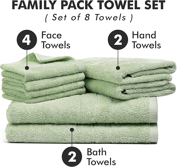 Bath Towels Set of 8 – 100% Cotton (Light Green) Bathroom Towel Set Bale Includes 2 Bath, 2 Hand, 4 Face Towels – Soft, Absorbent & Quick Dry Towel for Bathroom, Spa, Kitchen, Hotel Use