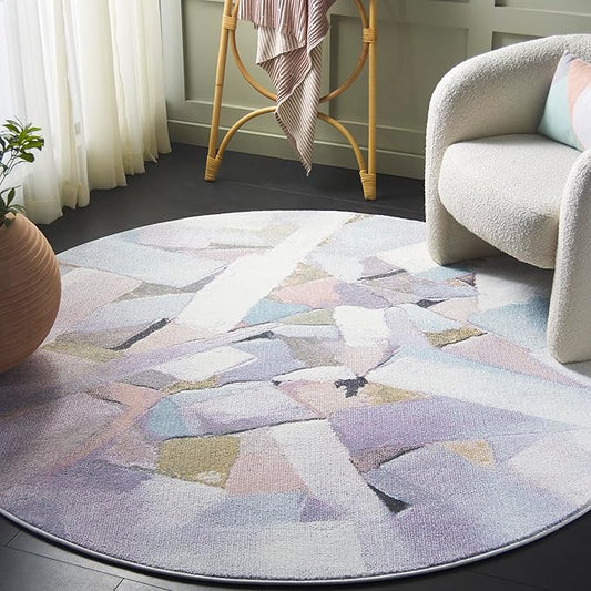 SAFAVIEH Porcello Collection Area Rug - 6'7" Round, Blue & Pink, Modern Abstract Pattern, Non-Shedding & Easy Care, Ideal for Living Room, Foyer, Bedroom (PRL6937J-7R)