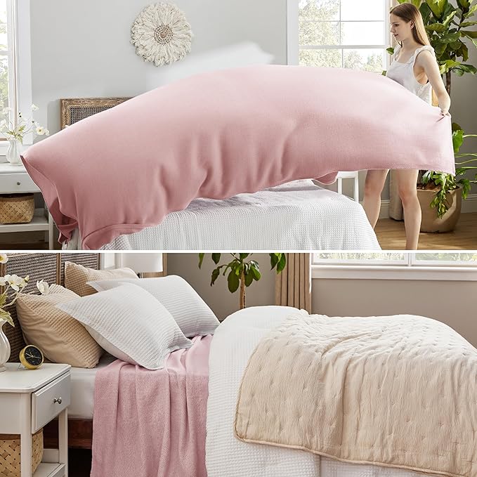 Bedsure GentleSoft 100% Cotton Blanket King Size for Bed - Breathable and Lightweight, Soft Cozy Textured Herringbone Woven Blanket for Summer Spring, Pink, 108x90 inches
