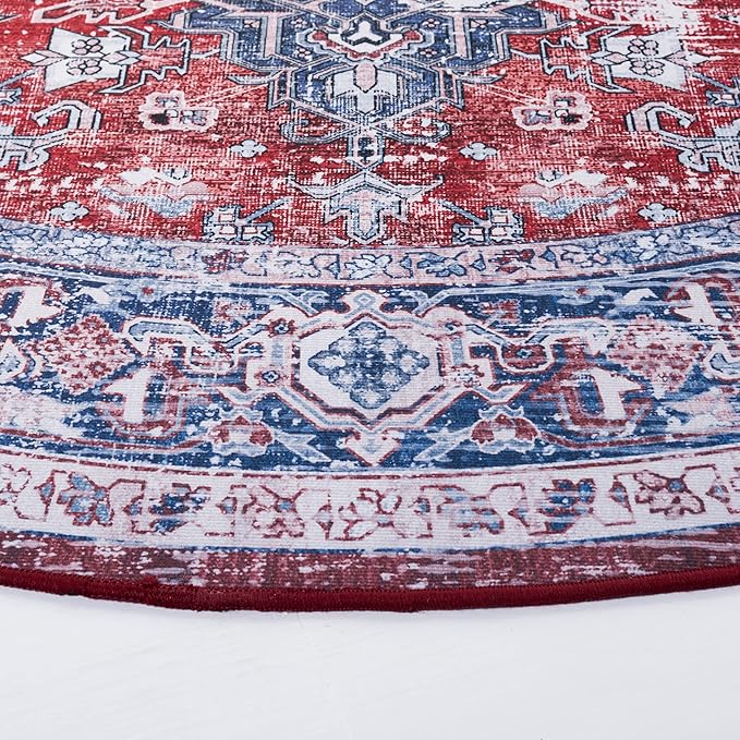 SAFAVIEH Washable Rug Tucson Collection - 6' Round, Red & Navy, Slip Resistant & Easy to Clean, Ideal for Living Room, Bedroom, Dining Space (TSN101S)