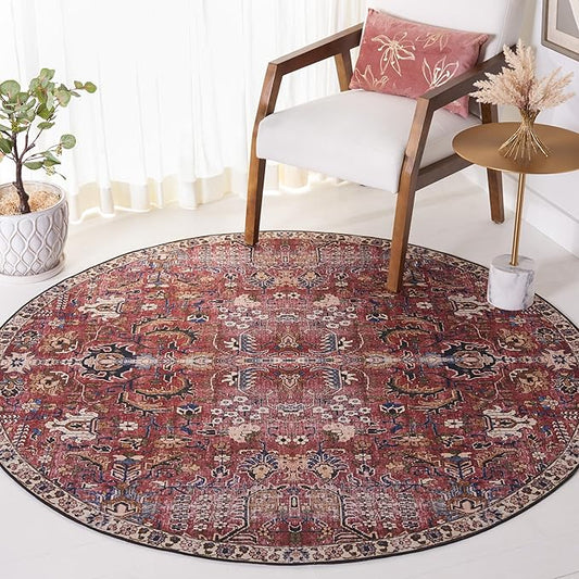 SAFAVIEH Washable Rug Tucson Collection - 6' Round, Red & Beige, Slip Resistant & Easy to Clean, Ideal for Living Room, Bedroom, Dining Space (TSN174Q)