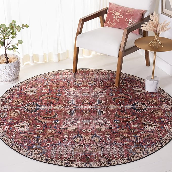 SAFAVIEH Washable Rug Tucson Collection - 4' Round, Red & Beige, Slip Resistant & Easy to Clean, Ideal for Foyer, Kitchen, Nursery, Office, Bedroom (TSN174Q)
