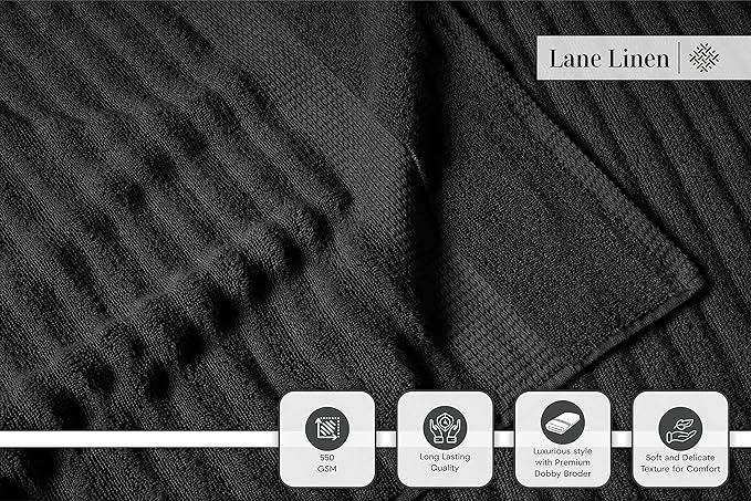 LANE LINEN Zero Twist Cotton Bath Towels - 6 Piece Set - Super Soft, Hotel Quality - 2 Bath, 2 Washcloth, 2 Hand Towels for Bathroom - Classy Look, Gentle on Skin, Ideal for Spa & Daily Use - Black