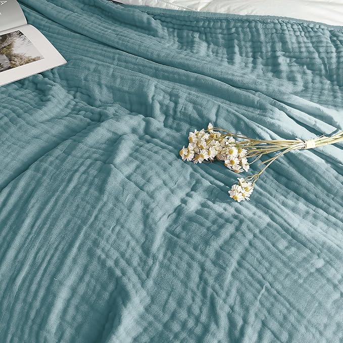 SANACYNA Muslin Blankets for Adults 6-Layer Gauze 100% Cotton Teal Grid Bed Blanket Lightweight Soft and Breathable King Blanket for Sofa Couch Bed Coverlet Both Sides (Teal, King 90" X 104")