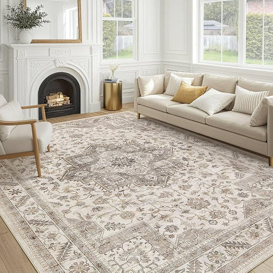 Vintage Living Room Area Rug 8X11 - Large Soft Washable Oriental Traditional Distressed Farmhouse Rugs for Bedroom - Indoor Floor Accent Carpet for Home Office House Decor - Light Brown