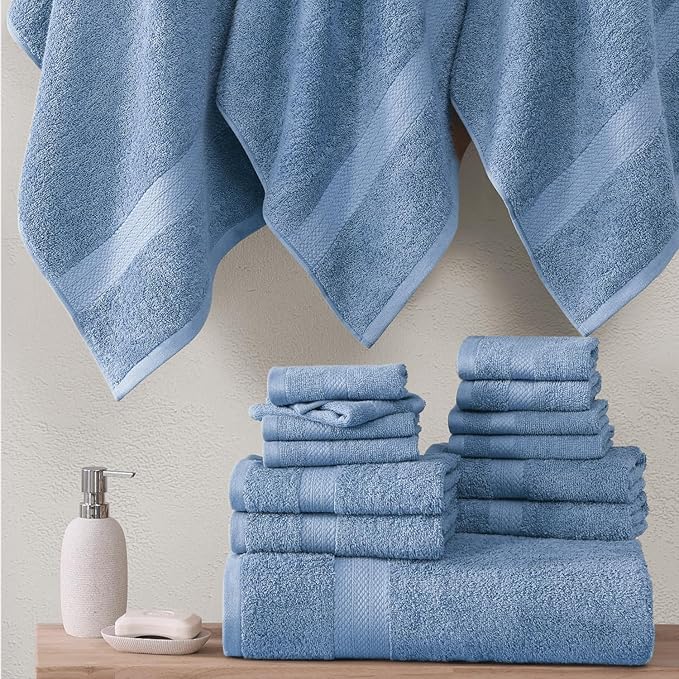 LANE LINEN 100% Cotton Bathroom Towels - 18 Piece Set - Super Soft, Quick Dry & Absorbent - 4 Bath, 8 Washcloths, 6 Hand Towels for Bathroom - Hotel Quality & Suitable for Family - Cerulean Blue