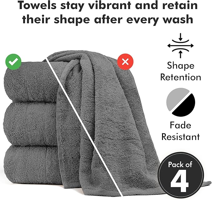 Bath Towels Set of 4 – 100% Cotton Dark Grey Extra Large Towels for Bathroom, Spa Use (55x28 in) – Super Soft and Quick Dry Large Bath Sheets for Adults
