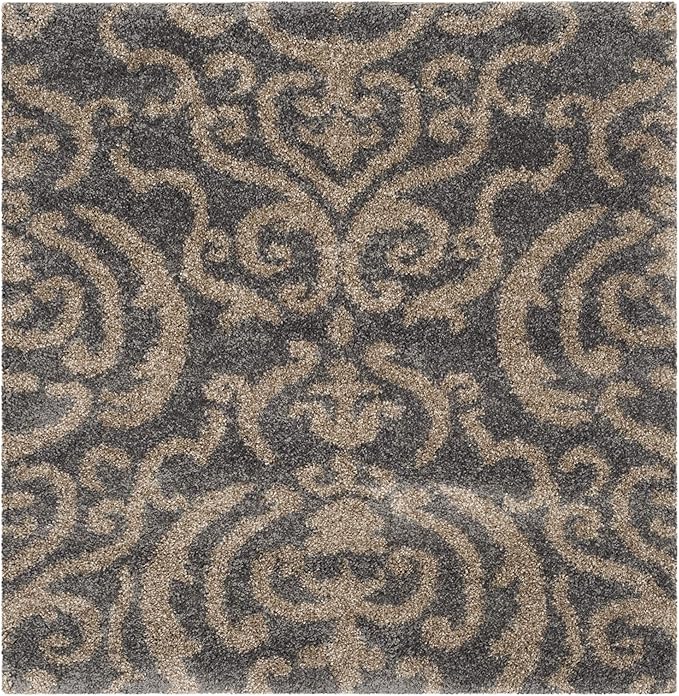 SAFAVIEH Florida Shag Collection Area Rug - 4' Square, Grey & Beige, Damask Design, Non-Shedding & Easy Care, 1.2-inch Thick Ideal for High Traffic Areas in Living Room, Bedroom (SG462-8013)