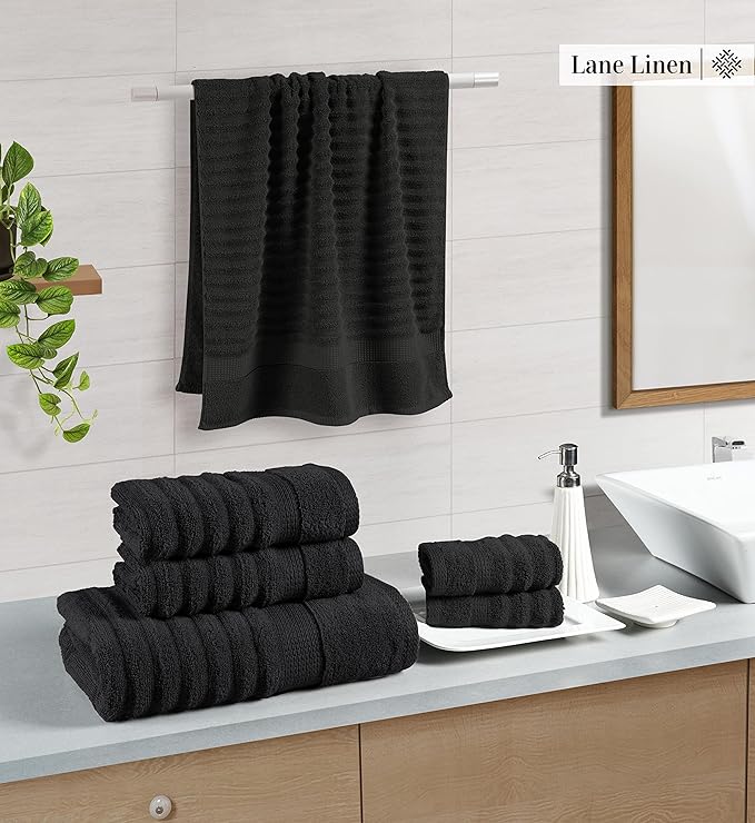 LANE LINEN Zero Twist Cotton Bath Towels - 6 Piece Set - Super Soft, Hotel Quality - 2 Bath, 2 Washcloth, 2 Hand Towels for Bathroom - Classy Look, Gentle on Skin, Ideal for Spa & Daily Use - Black