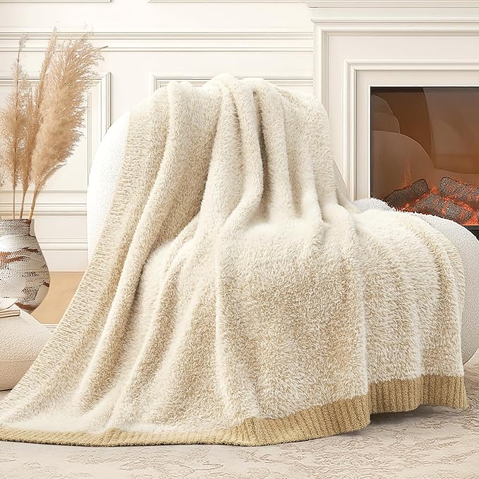 Amélie Home Knit Throw Blanket for Couch, Super Soft Fuzzy Cozy Throw, Giftable Knitted Blanket for Women Men, Birthday, Sofa Bed Living Room Decor, 60" x 80", Heather Beige