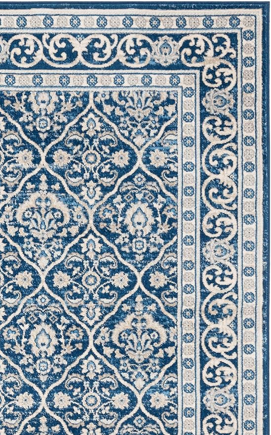 SAFAVIEH Brentwood Collection 2' x 16' Navy / Light Grey BNT870M Oriental Damask Trellis Non-Shedding Living Room Bedroom Runner Rug