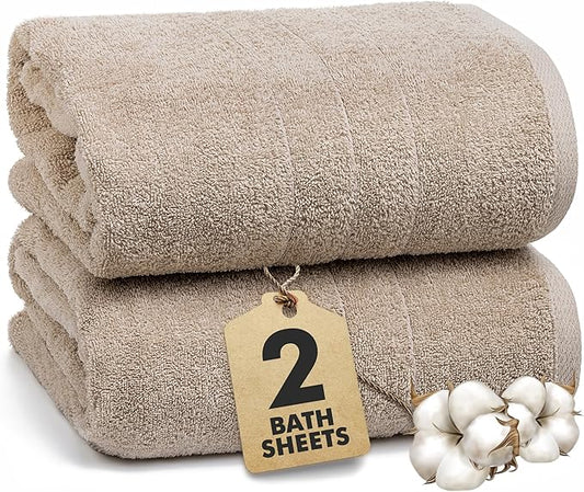 Bath Sheets – Extra Large Bathroom Sheet Set – Pack of 2 Jumbo Towels Beige (71x35in) – 100% Cotton Soft Quick Dry Large Bath Towels for Adults Hotel Spa Bathroom Use