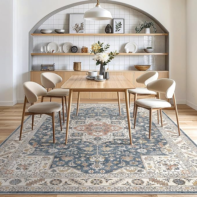 Vintage Living Room Area Rug 6x9 - Large Soft Washable Oriental Traditional Distressed Farmhouse Rugs for Bedroom - Indoor Floor Accent Carpet for Home Office House Decor - Vintage Blue